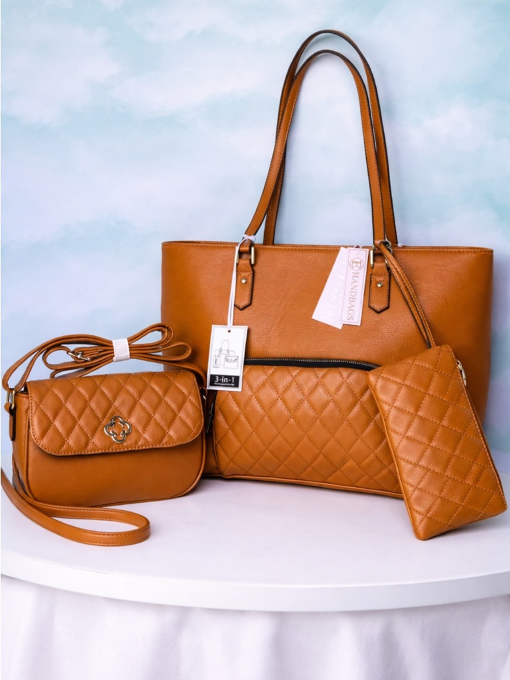 3 Piece Set! Brown Vegan Leather Fashion Purse Handbag Tote//Wristlet/Crossbody
